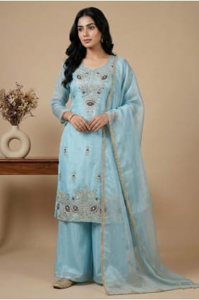 Sky blue Palazzo Suit in Silk with Sequins PZ4337