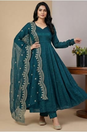 Sequins Silk Salwar Kameez in Teal with Dupatta AS4209