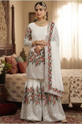 Silk Palazzo Suit with Sequins in White PZ4434