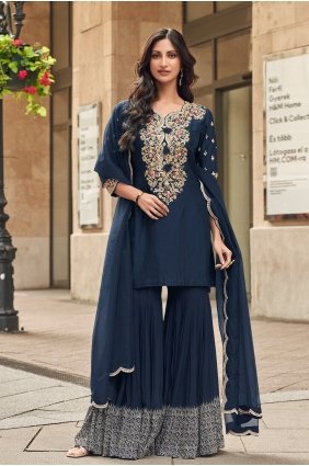 Embroidered Sharara Suit in Blue Silk SS1401