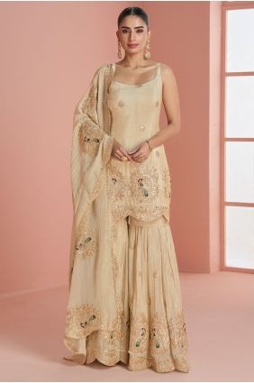 Silk Sharara Suit with Embroidered in Beige SS1371