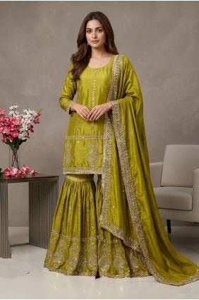 Silk Mehendi green Sharara Suit in Embroidered SS1378