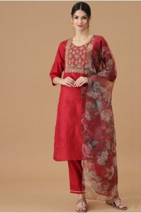 Embroidered Silk Salwar Kameez in Cherry red with Dupatta SK15747