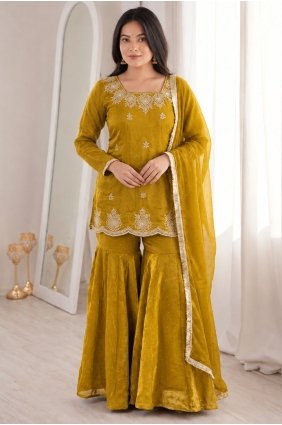 Embroidered Sharara Suit in Mustard Silk SS1405