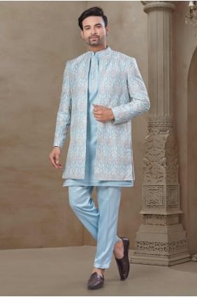 Silk Sky blue  Men Kurta Pajama With Waistcoat in Printed KURR516