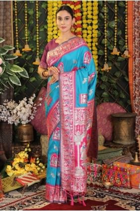 Silk Saree with Zari in Sky blue SR28943