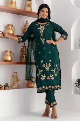 Silk Straight Pant Suit in Green with Embroidered SK155474