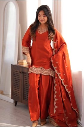 Orange Embroidered Straight Pant Suit in Silk SK159244