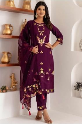 Silk Straight Pant Suit with Embroidered SK155475
