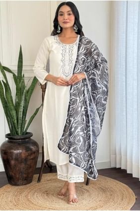 Silk Straight Pant Suit with Embroidered in Off white  SK155262