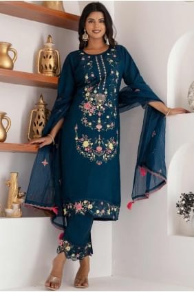 Silk Straight Pant Suit with Embroidered in Teal blue  SK155477