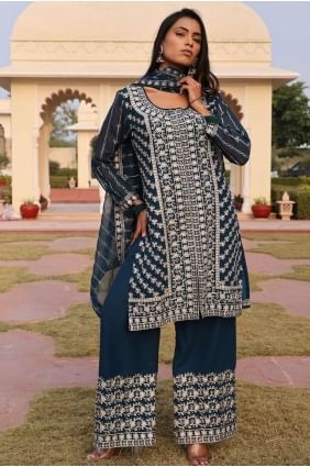 Silk Straight Pant Suit with Embroidered in Teal blue SK155189