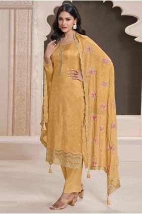 Silk Straight Pant Suit with Embroidered in Yellow SK155540