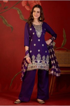 Embroidered Palazzo Suit in Violet Silk PZ4579