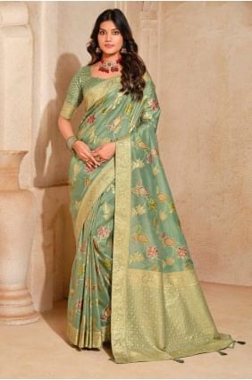 Silk Weaving Green Saree with Blouse SR28388