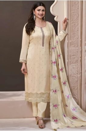 Silk White Straight Pant Suit in Embroidered SK155538