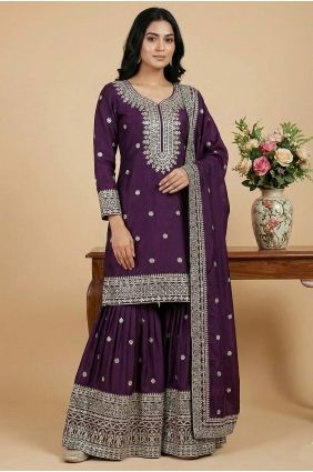 Silk Sequins Wine Palazzo Suit with Dupatta PZ4380