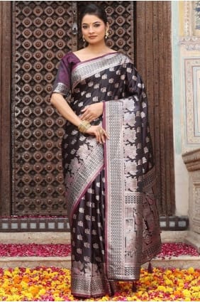 Wine Silk Saree with Embroidered SR29222