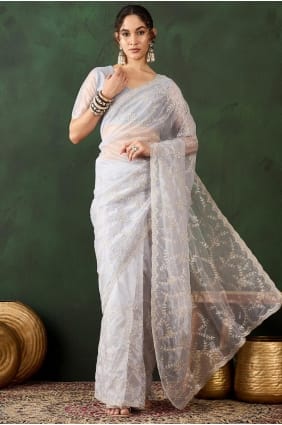 Silver Embroidered Party Wear Saree in Organza SR29308