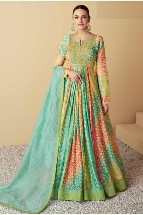 Sky and multi  Embroidered Gown Dress in Muslin GW1084