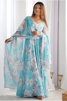 Lace Faux georgette Anarkali Suit in Sky blue with Dupatta AS4302