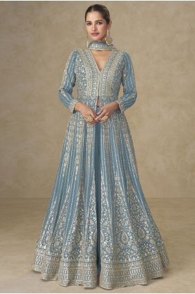 Chinon chiffon Anarkali Suit with Embroidered in Sky blue AS4295