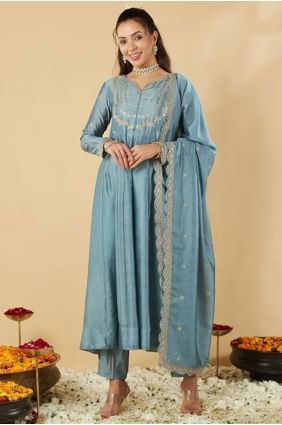 Silk Salwar Kameez with Embroidered in Sky blue SK155774