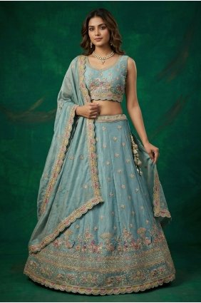 Tissue Embroidered Sky blue Lehenga Choli with Dupatta LC9192
