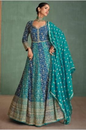 Sky blue Gown Dress in Embroidered Georgette GW1081