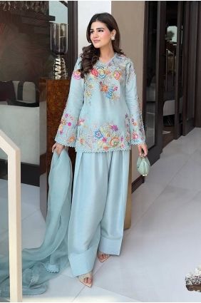 Sky Blue Crepe Palazzo Suit with Lace PZ4489