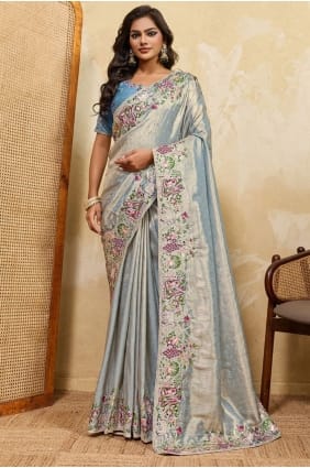 Silk Saree with Lace in Sky blue SR29629