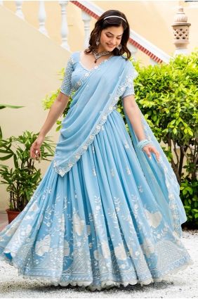 Embroidered Faux georgette Lehenga Choli in Sky blue LC9062