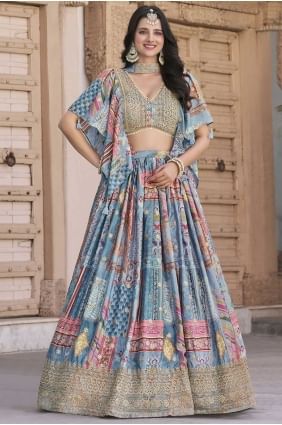 Chinon chiffon Lehenga Choli in Sky blue with Digital print LC8553