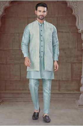 Sky blue  Men Kurta with Weaving Silk KURR462