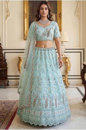 Sky blue Embroidered Wedding Lehenga Choli in Net LC8936
