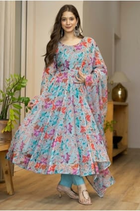 Printed Organza Anarkali Suit in Sky blue AS4224