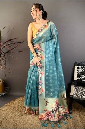 Sky blue Cotton Saree with Printed SR30066