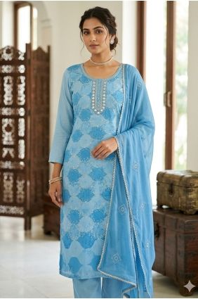 Muslin Sky blue Salwar Kameez in Printed SK159113