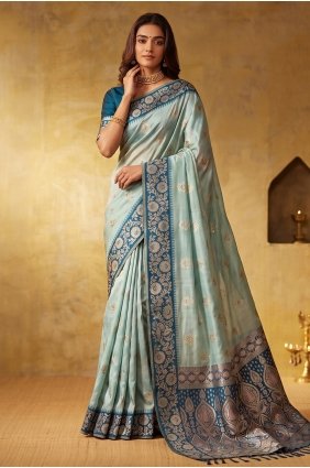 Zari,weaving Silk Saree in Sky blue with Blouse SR30329