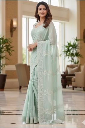 Sky Blue Embroidered Satin Saree with Blouse SR29912