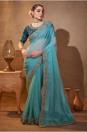 Sky blue  Saree with Embroidered Organza SR28244
