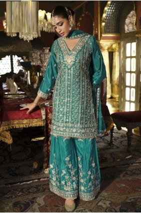 Teal green Sharara Suit in Stone with moti Chiffon SS1299