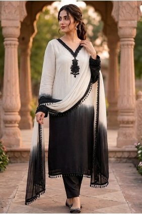 Off white Stone with moti Straight Pant Suit in Crepe SK159225