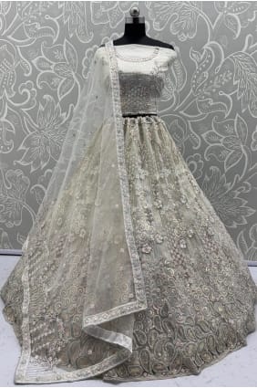 Stone with moti Lehenga Choli in White Net LC8716