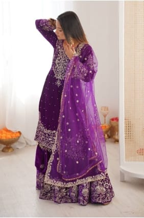 Velvet Sharara Suit with Stone moti in Purple SS1297