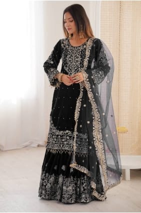 Black Velvet Stone with moti Sharara Suit with Dupatta SS1294
