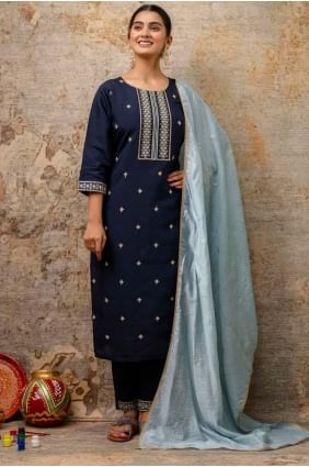 Straight Pant Suit in Blue Silk with Embroidered SK155613