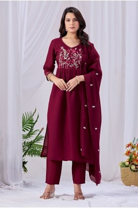 Maroon Straight Pant Suit in Cotton with Embroidered SK159186