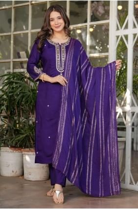 Straight Pant Suit in Purple Chanderi with Embroidered SK155242