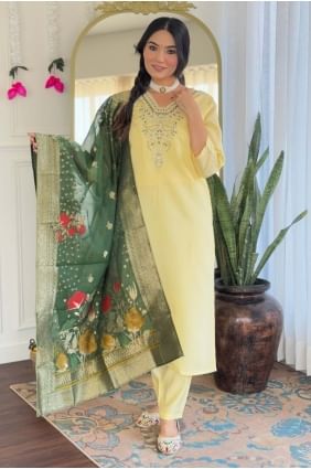 Straight Pant Suit in Yellow Chanderi with Digital print SK155617